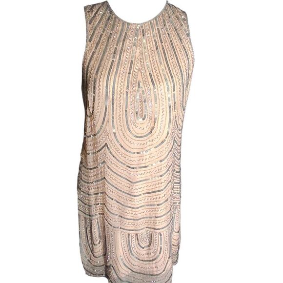 Parker Vintage Silk Beaded Sequin Shift Dress Small Fully Lined Nude Pink Gatsby - Picture 1 of 7